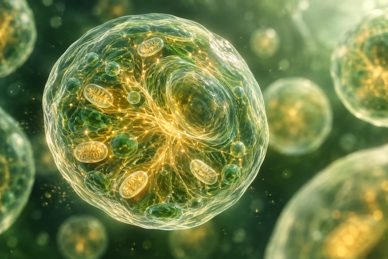 Luminous cellular structure with branching golden energy pathways.