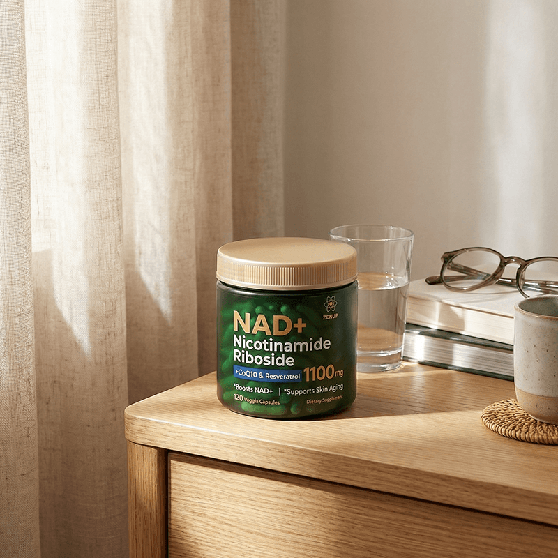 ZenUP supplements integrated into a refined daily wellness scene