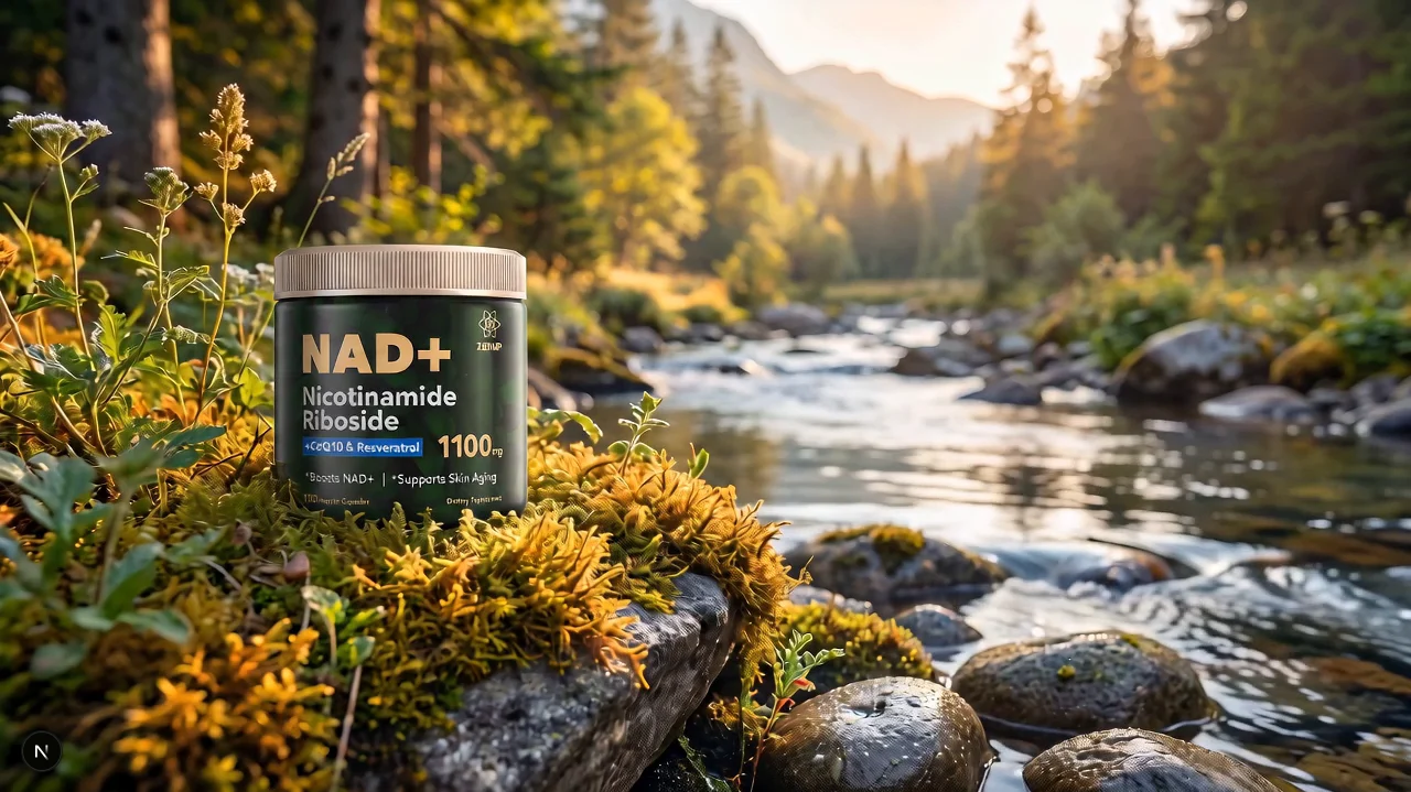 ZenUP NAD+ supplement beside a sunlit mountain stream